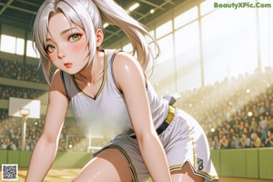 A woman holding a basketball on top of a basketball court.