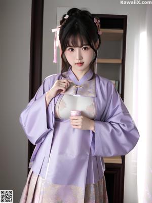 A woman in a green kimono holding an umbrella.