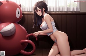A naked anime girl with bunny ears sitting on a bed.