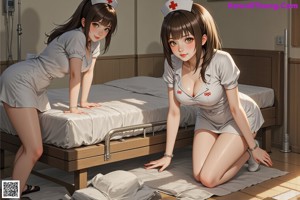 A woman in a nurse outfit sitting on a bed.