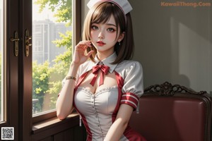 A woman in a nurse outfit posing on a bed.