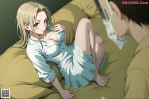 A naked anime girl sitting on a bed.