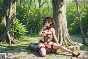 A woman in lingerie sitting on a chair in a garden.