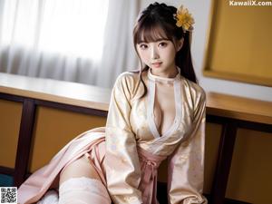 A woman in a kimono sitting on a window sill.