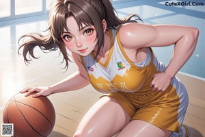 A girl in a basketball uniform holding a basketball.