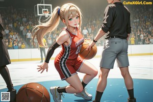 A woman in a basketball uniform holding a basketball on a court.